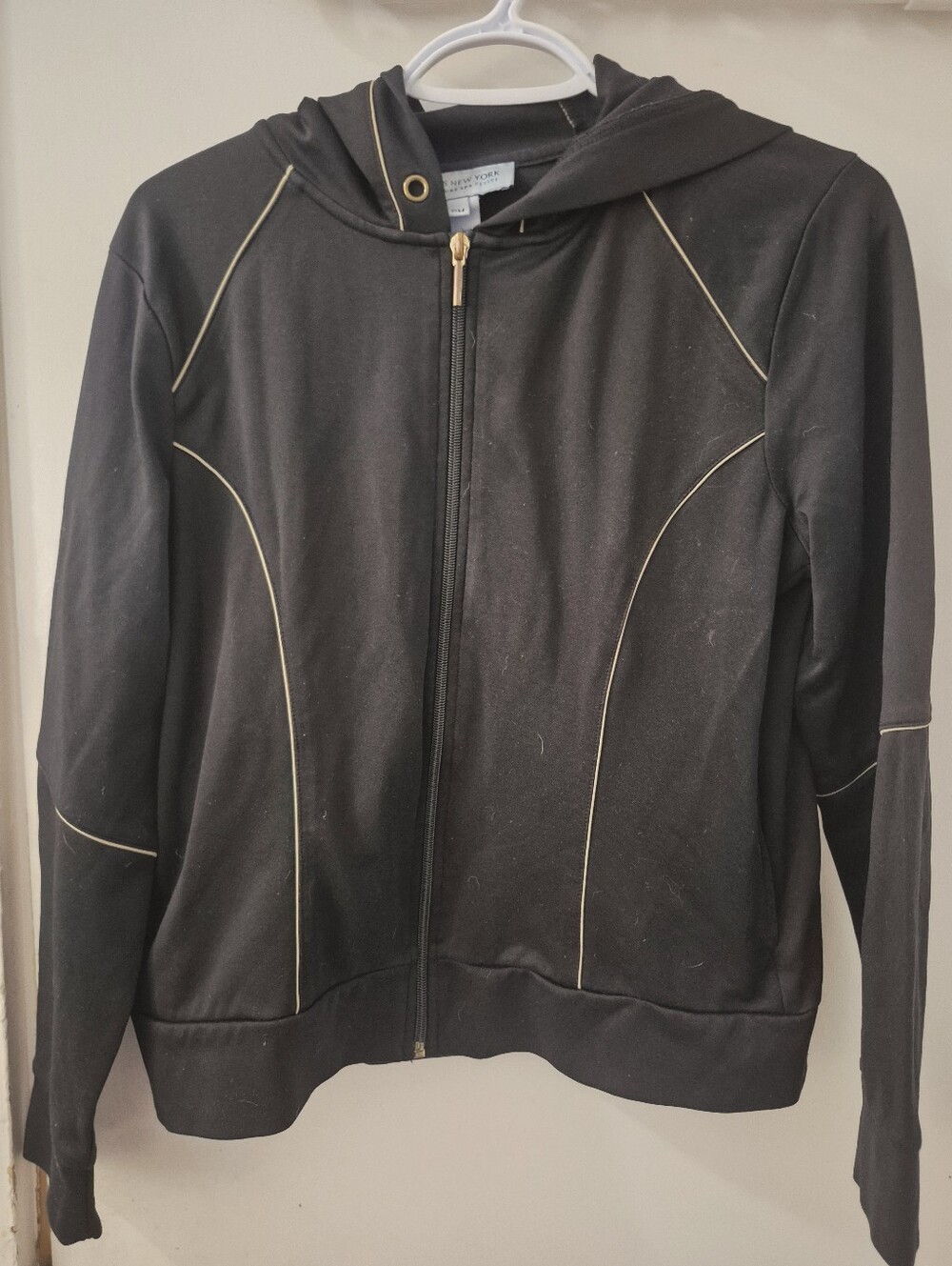 Jones New York Black Zip Hoodie with Gold Piping
